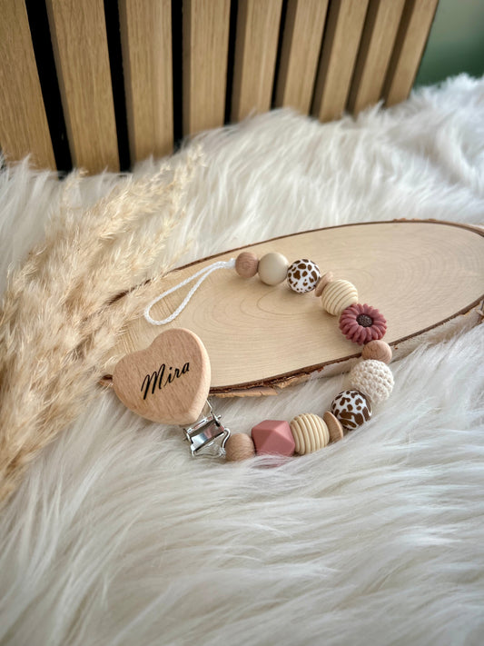 Personalisierte Schnullerkette „Mira“ | Natur • Beige • Rost • Blume & Safari