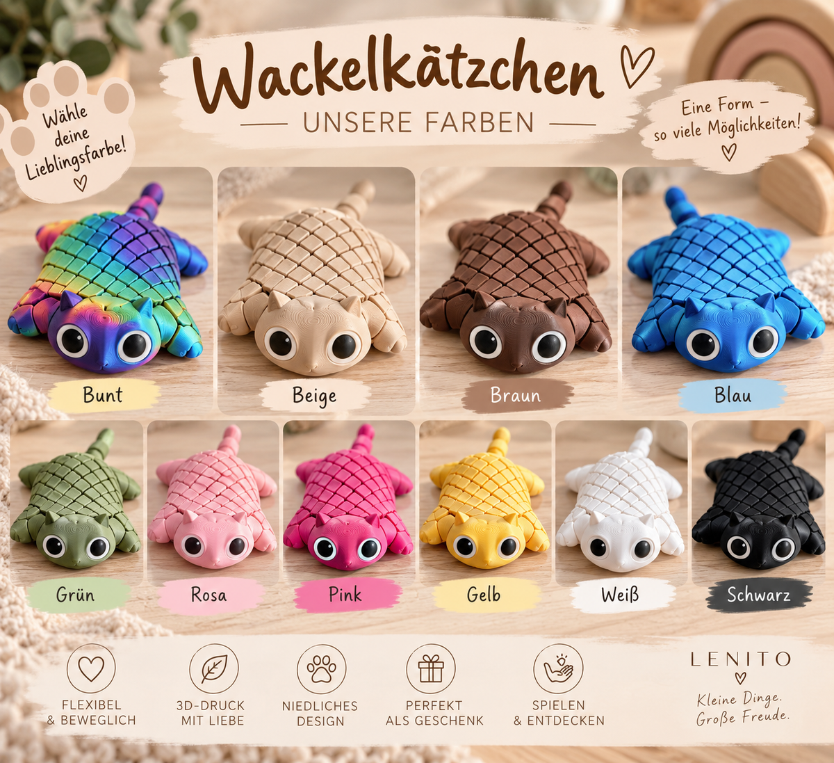 Wackelkätzchen – Bewegliches 3D-Fidget-Spielzeug | Flexibles Kätzchen