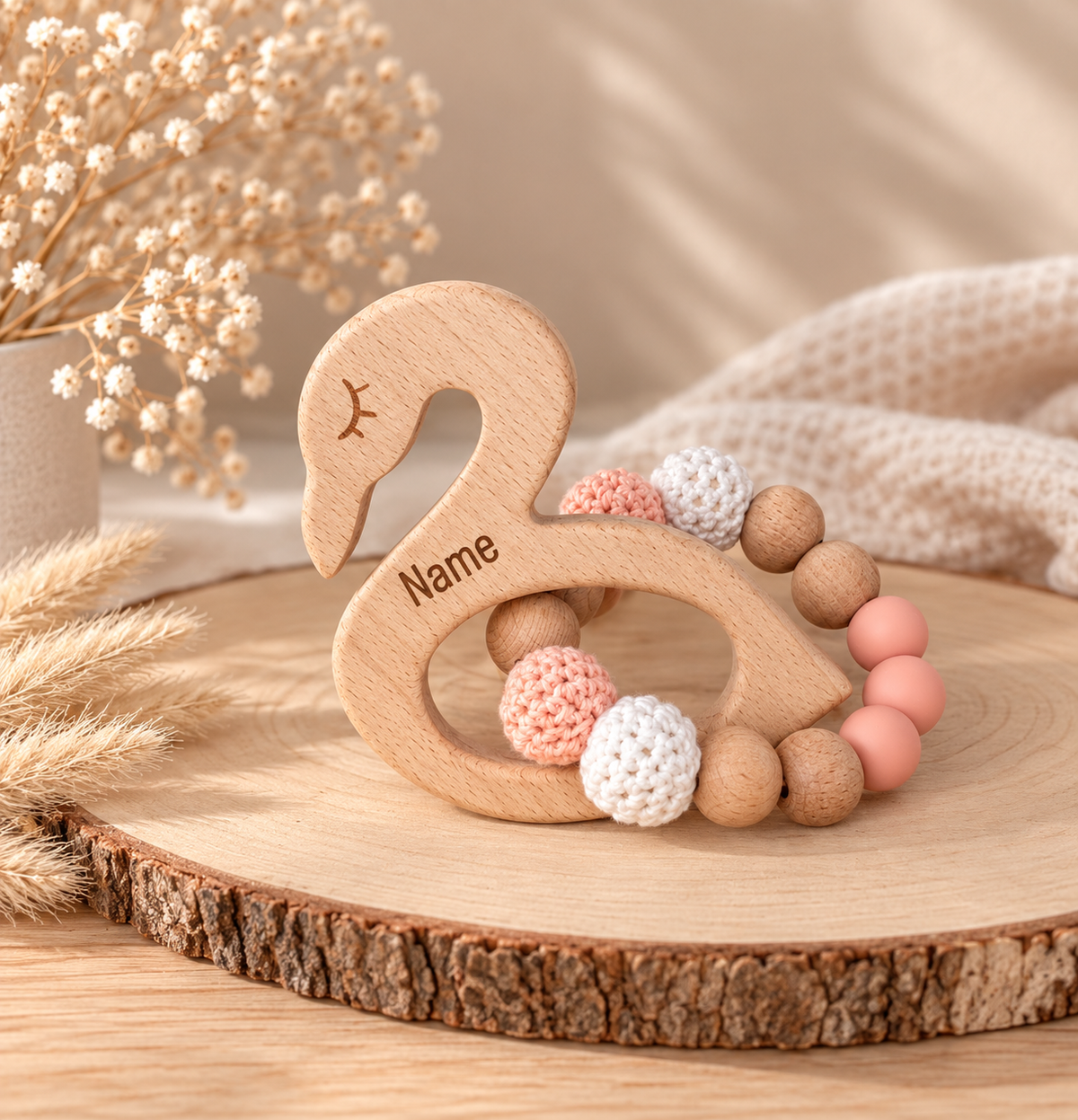 Personalisierter Holz-Greifling | Elefant, Reh & Schwan