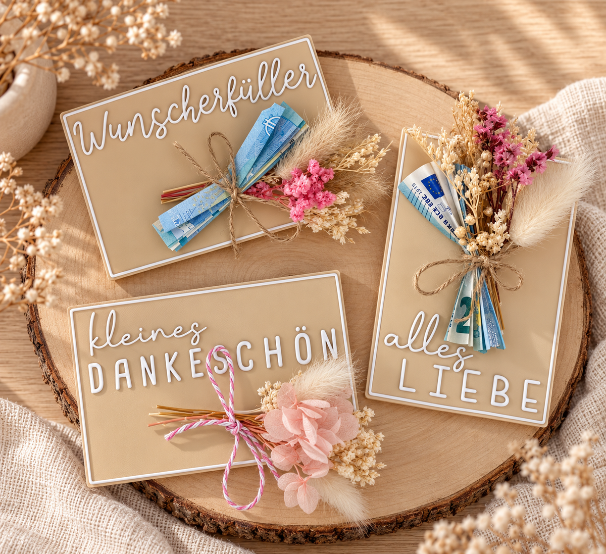 Geschenk mit Trockenblumen | 3D-Druck Schild für Geldgeschenke & Gutscheine