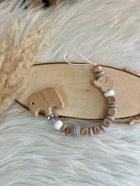 Personalisierte Schnullerkette „Jakob“ – Holz & Silikon · Mit Namen · Handmade Babygeschenk im Elefantendesign