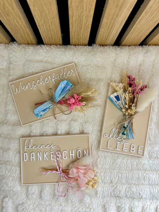 Dekoratives Geldgeschenk mit Trockenblumen | 3D-Druck Schild in verschiedenen Designs