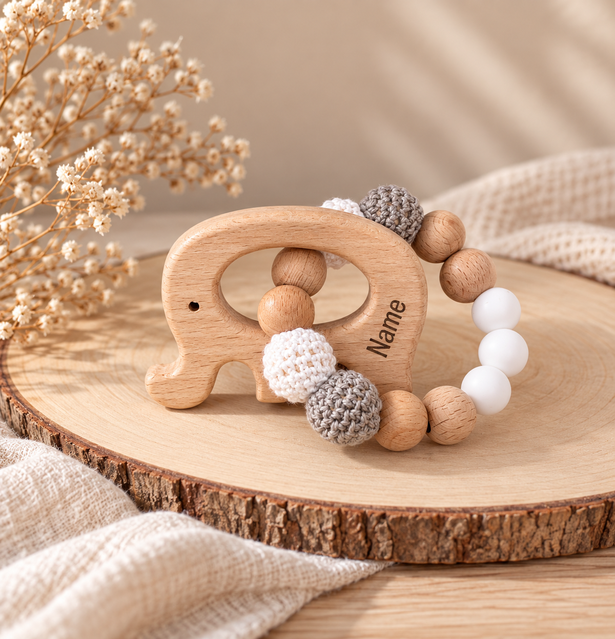 Personalisierter Holz-Greifling | Elefant, Reh & Schwan