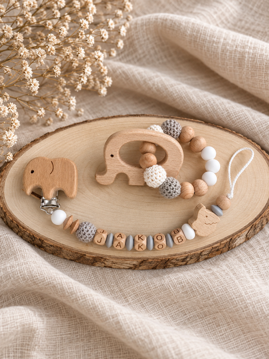 Geschenkset „Elefant“ | Personalisierte Schnullerkette & Greifling