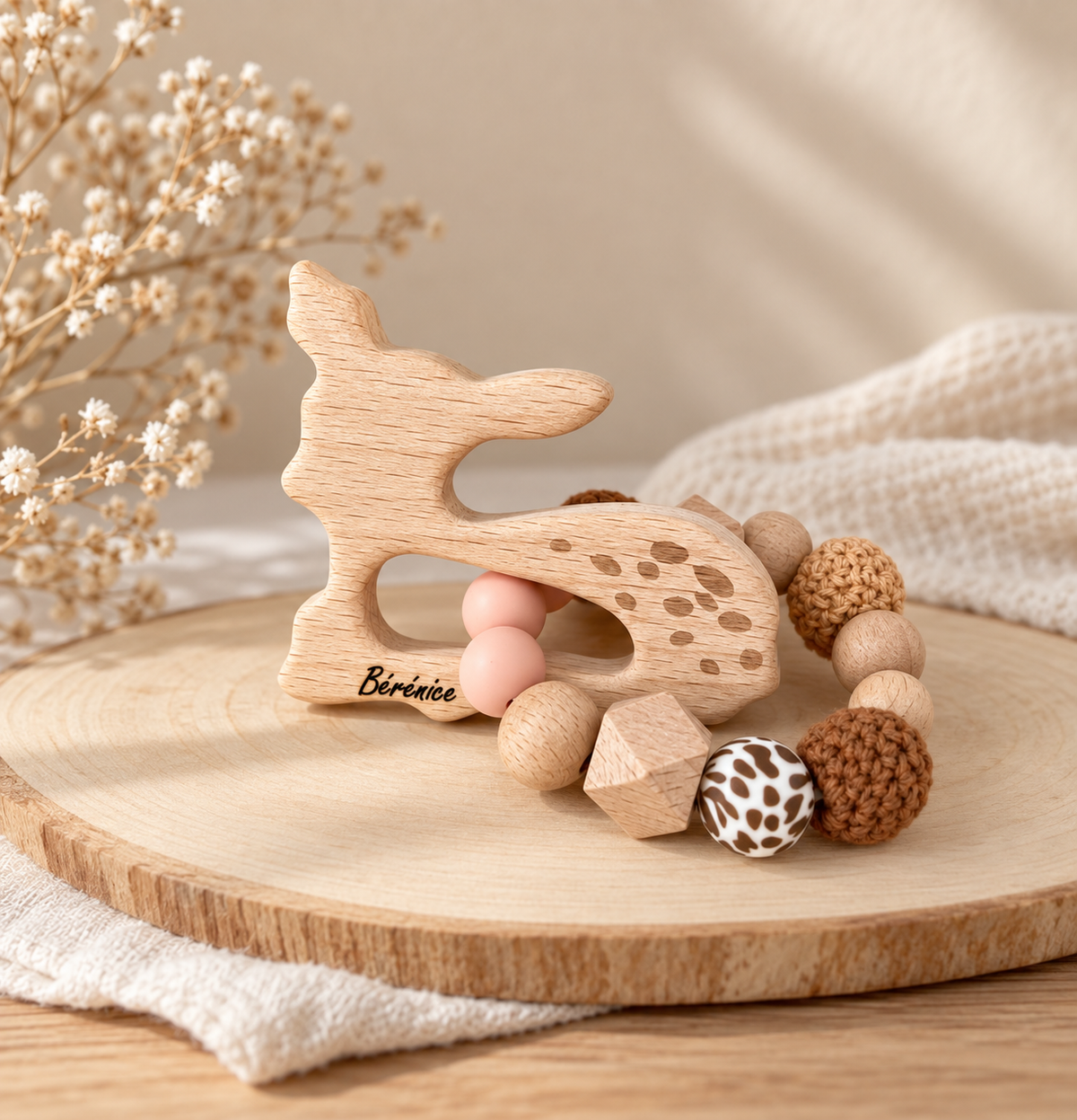 Personalisierter Holz-Greifling | Elefant, Reh & Schwan