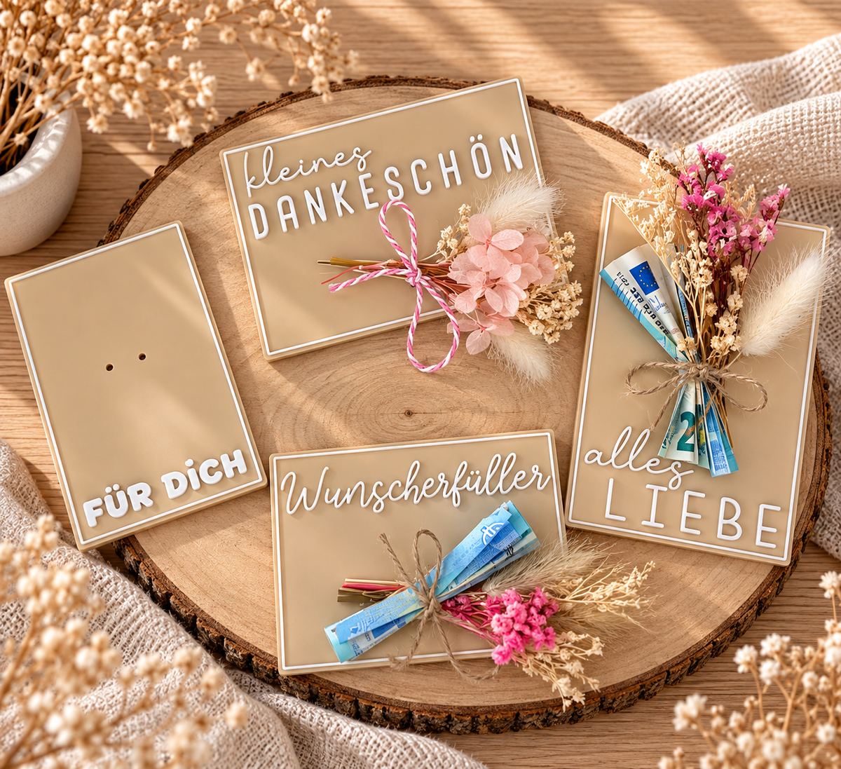 Geschenk mit Trockenblumen | 3D-Druck Schild für Geldgeschenke & Gutscheine