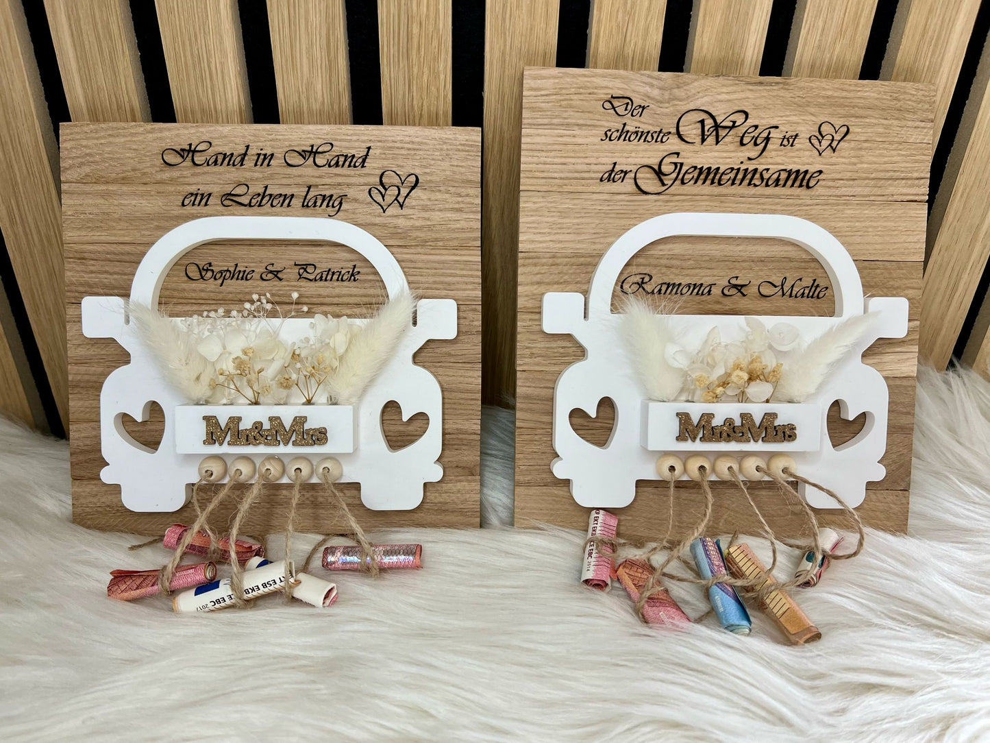 Personalisiertes Hochzeitsgeschenk – Geldgeschenk Auto aus Holz | Mr & Mrs | Geschenk zur Hochzeit & Trauung