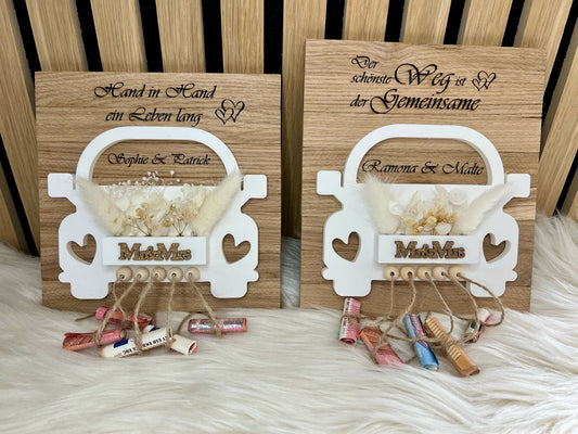 Personalisiertes Hochzeitsgeschenk – Geldgeschenk Auto aus Holz | Mr & Mrs | Geschenk zur Hochzeit & Trauung