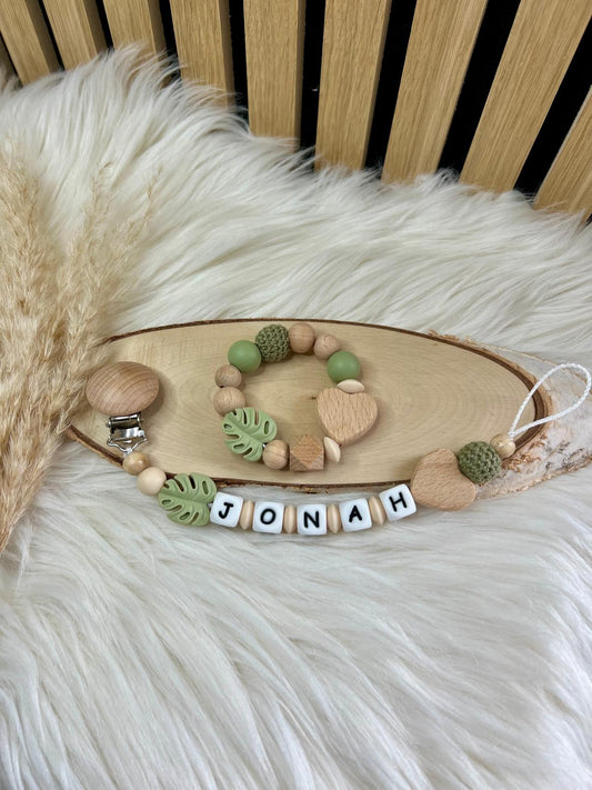 Personalisierte Schnullerkette & Greifling – Natur/Grün – Mit Namen | Handmade Babygeschenk